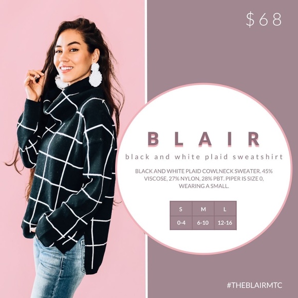 Blair Black and White Plaid Cowl Neck Sweatshirt by Maverick the Collection - Picture 1 of 4
